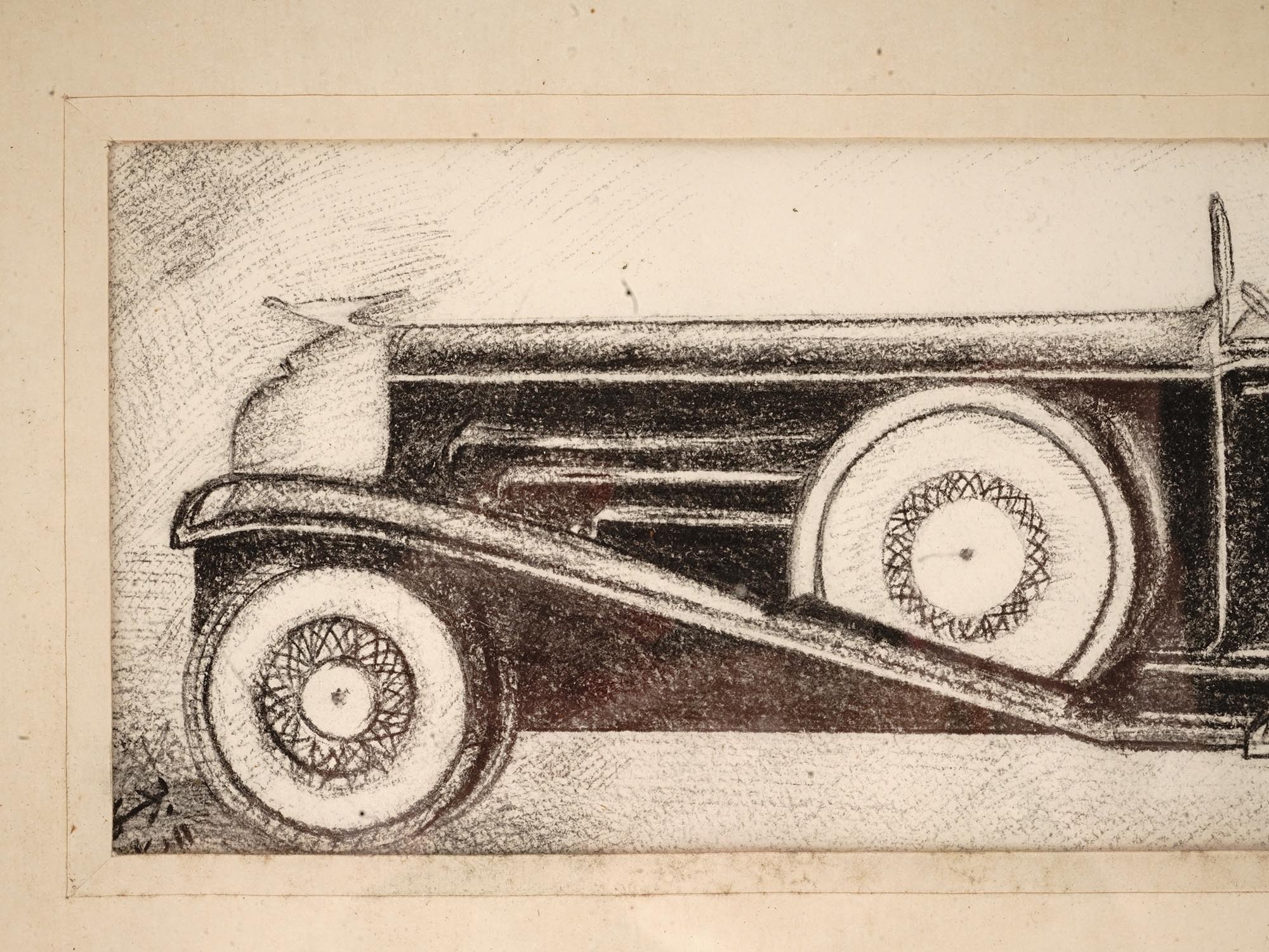 ANTIQUE PERSIAN GRAPHITE PENCIL PAINTING OF CAR PIC-1